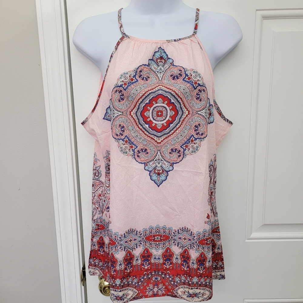 Yoins Pink Red Blue Medallion Satin Halter Tank Top Colorful Women's Size Small